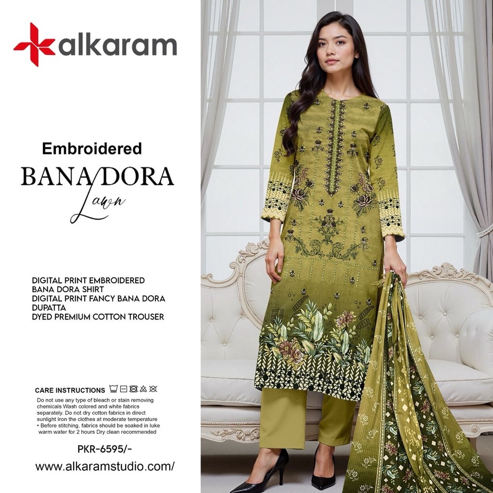 ⸻

Elegant Lawn Summer Ladies Shalwar Kameez – Alkaram | Green | Medium Stiched